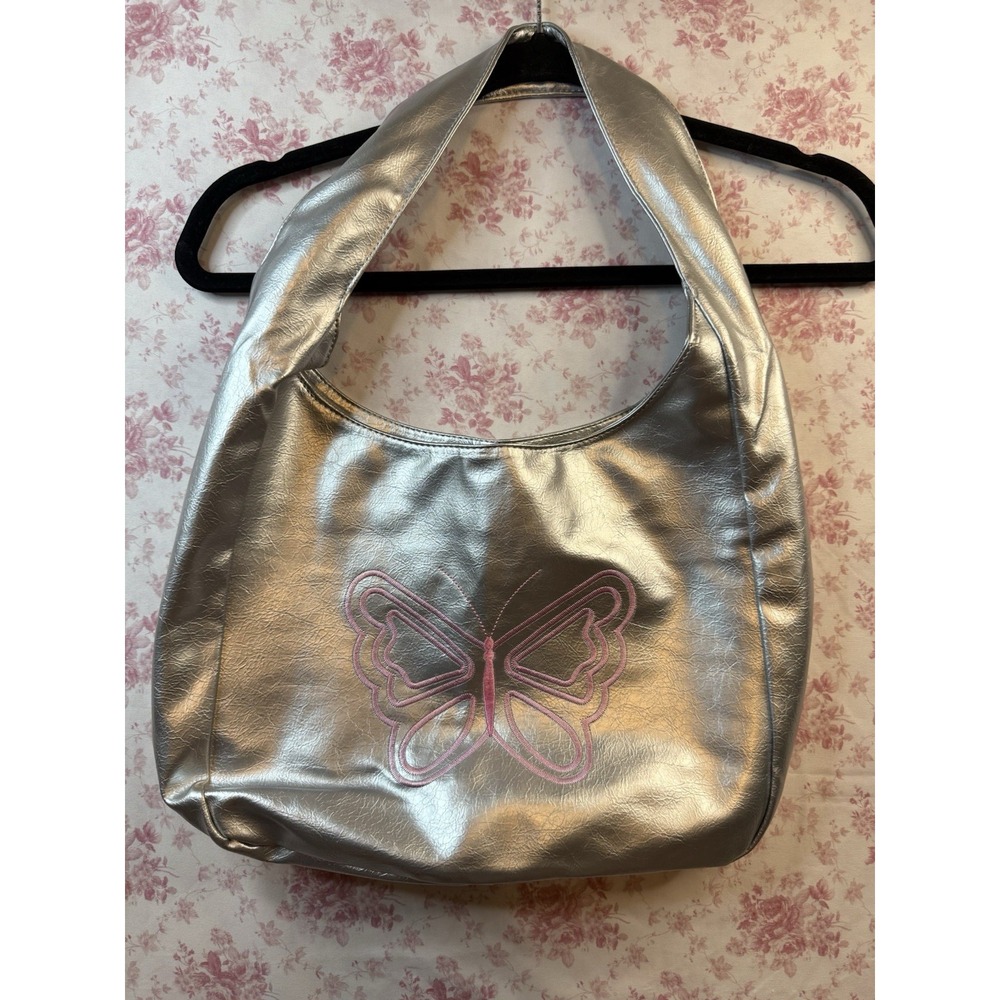 Silver Metallic Butterfly Hobo Shoulder Bag Y2K Style